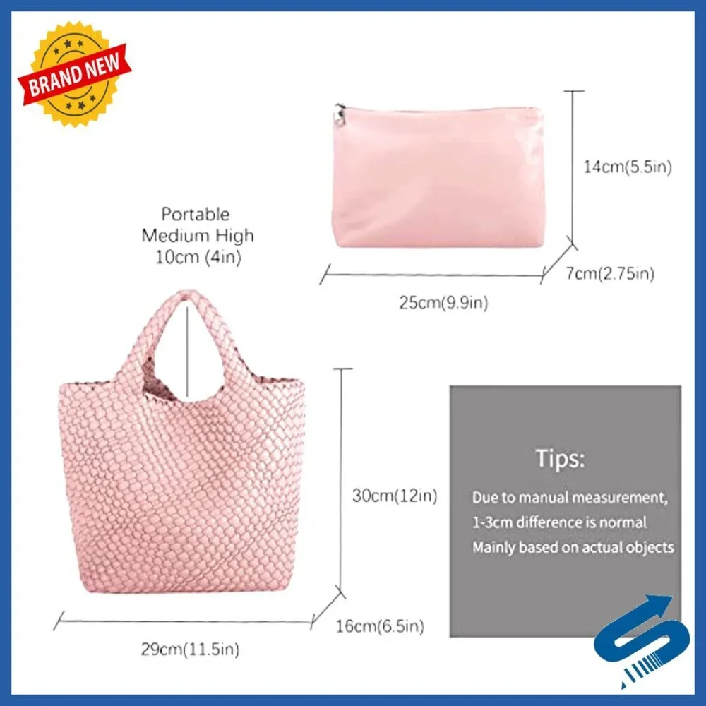 Woven Vegan Leather Tote Handbag Summer Beach Travel Satchel Purse